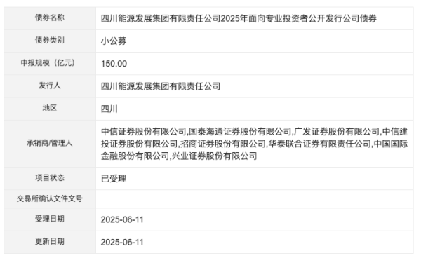 海陆证券 四川能源发展集团150亿元小公募债项目获深交所受理